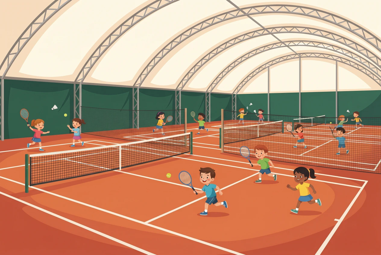 Illustration plate du Tennis et Badminton d'Aïre à Vernier : courts couverts en gazon synthétique orange sous une grande structure de tente blanche, avec des enfants qui jouent au tennis et au badminton