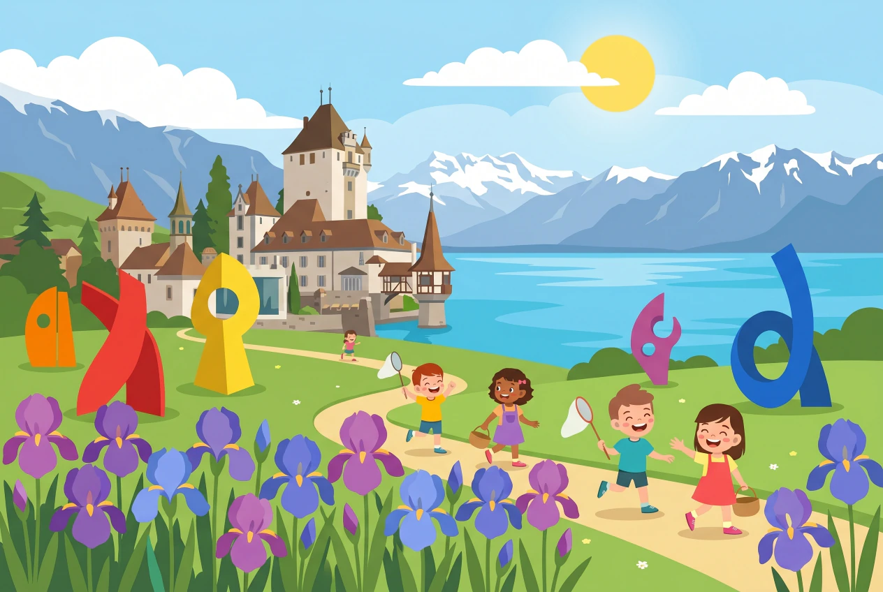 Illustration plate de Jardins du Chateau de Vullierens, iris colores, sculptures et enfants sur un sentier