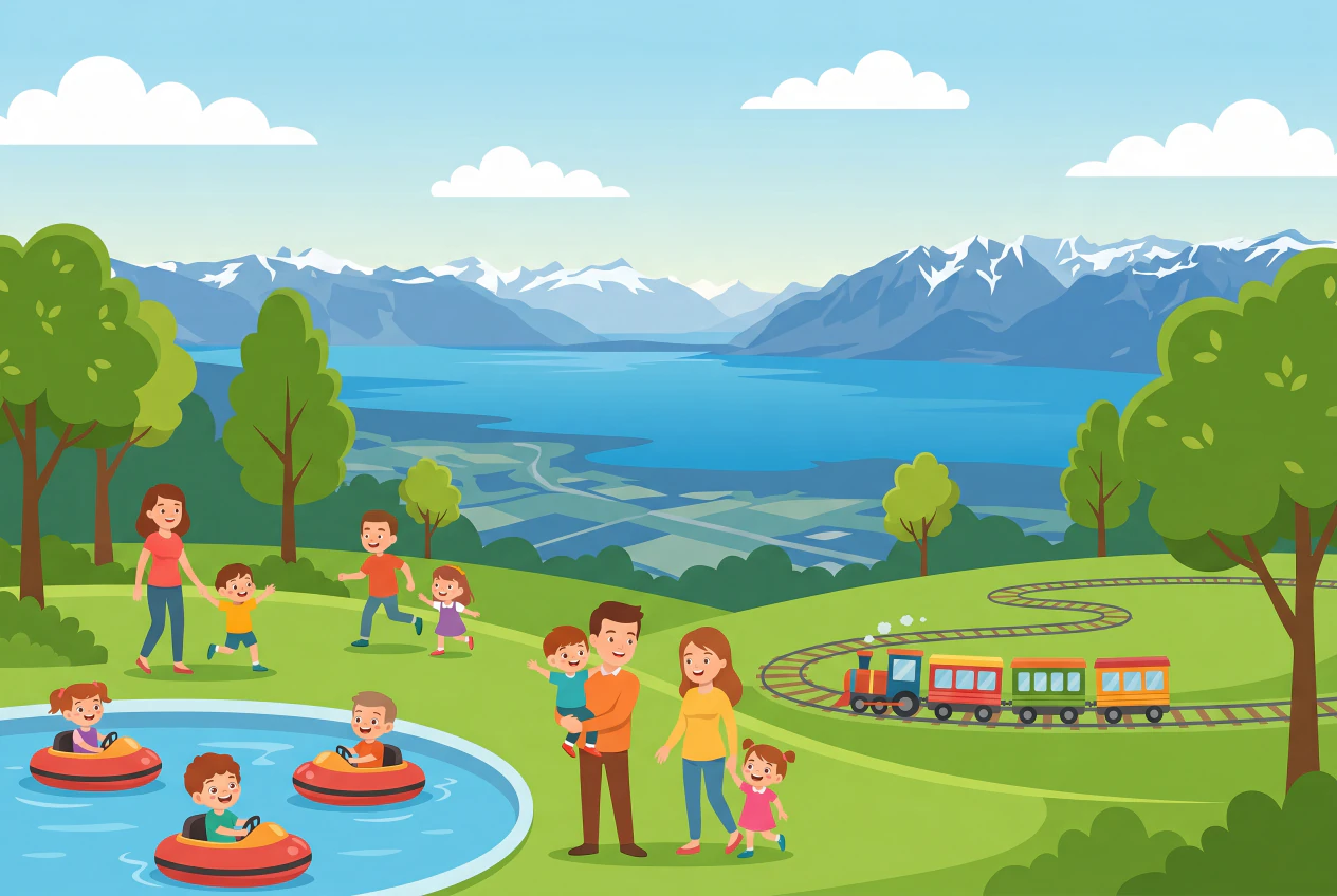 Illustration du Parc Pré-Vert du Signal de Bougy : grandes pelouses vertes avec vue panoramique sur le lac Léman et les Alpes enneigées, bateaux tamponneurs rouges du Kid'zland et petit train, familles en balade.