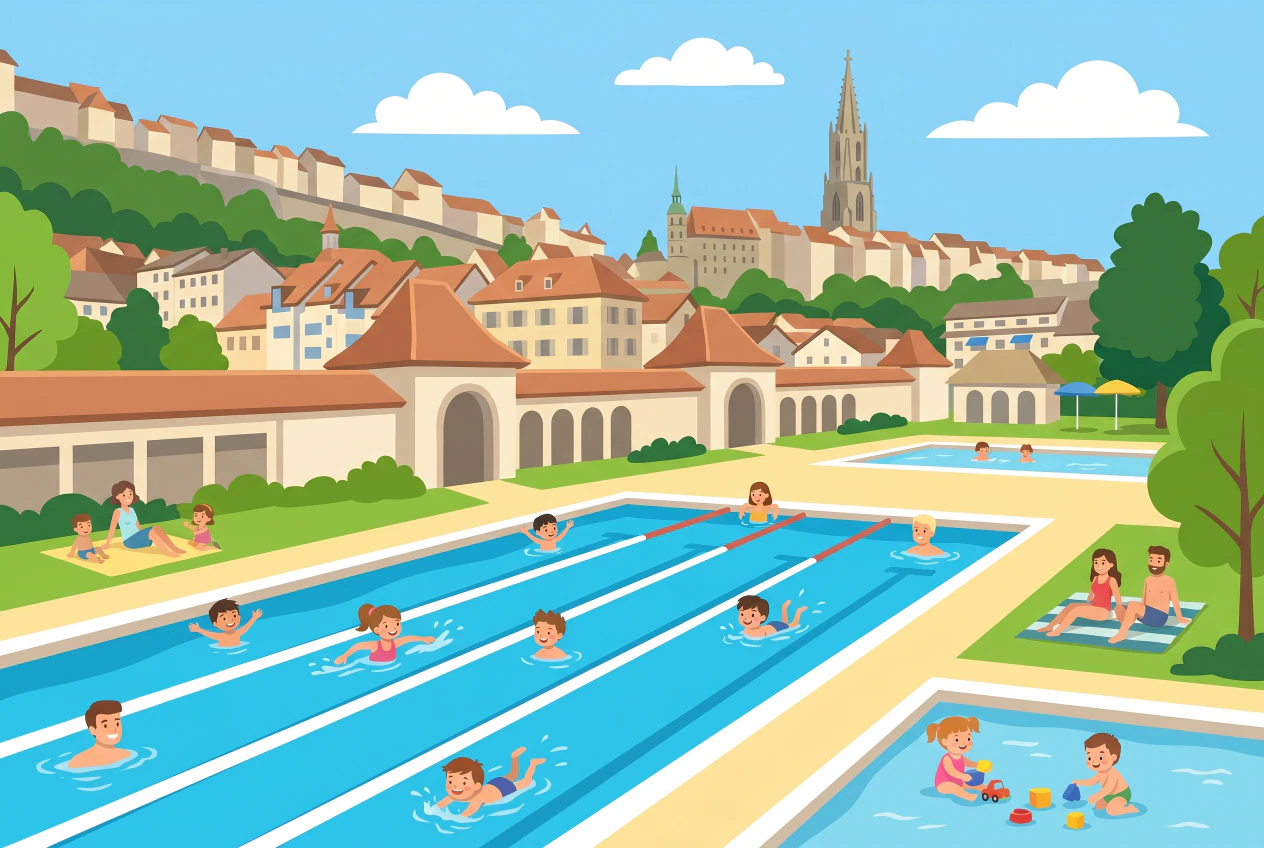 Illustration plate des Bains de la Motta à Fribourg : piscine extérieure de 50 mètres et pataugeoire au bord de la Sarine, bâtiments Belle Époque, toits de la vieille ville et flèche de la cathédrale, familles qui se baignent