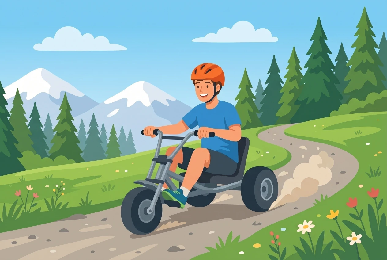 Illustration d'un ado casqué dévalant un chemin de montagne en mountain cart à trois roues au-dessus de Crans-Montana, alpages, sapins et sommets enneigés du Valais