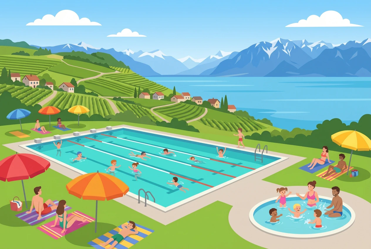 Piscine extérieure de Chexbres : grand bassin et pataugeoire ronde, pelouse et parasols, avec vue sur les vignes de Lavaux et le lac Léman