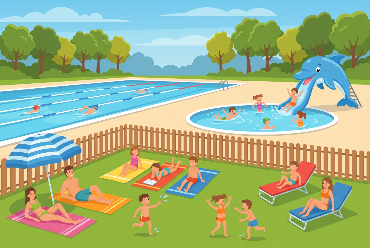 Illustration de la piscine extérieure de la Bécassière à Versoix: grand bassin de natation et pataugeoire ronde avec toboggan en forme de dauphin, familles installées sur la pelouse au soleil