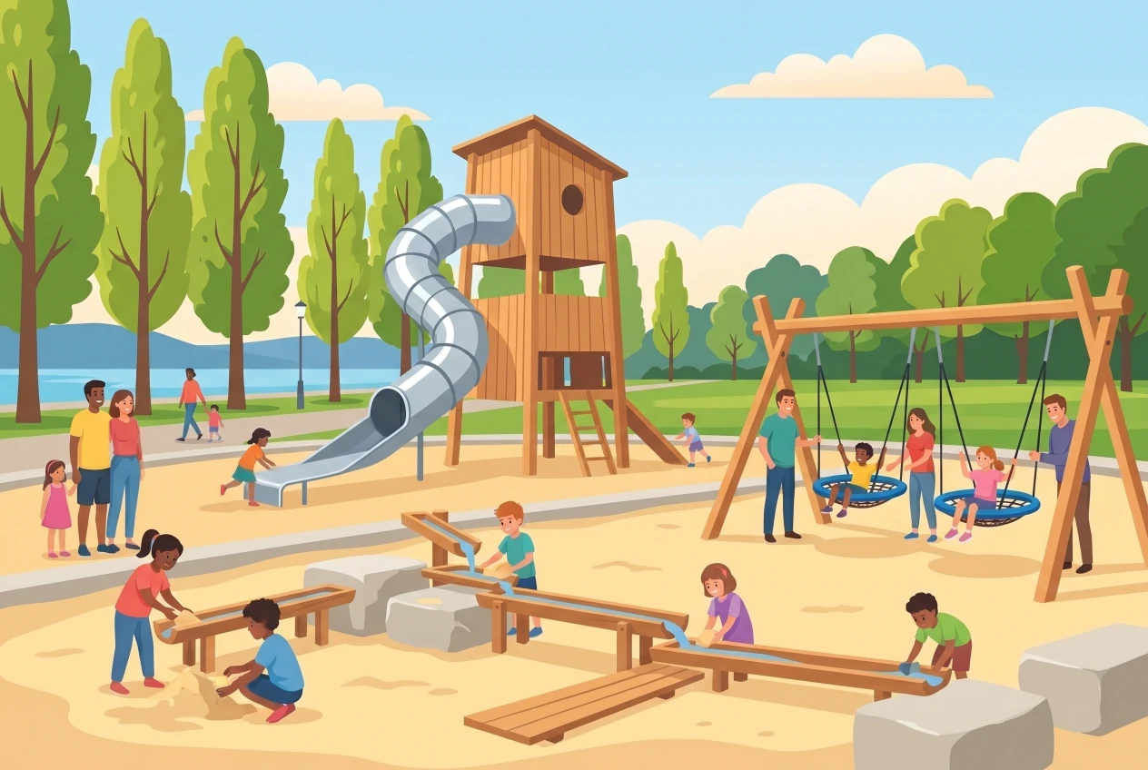 Illustration de la place de jeux de Milan à Lausanne, jeux d'eau et de sable