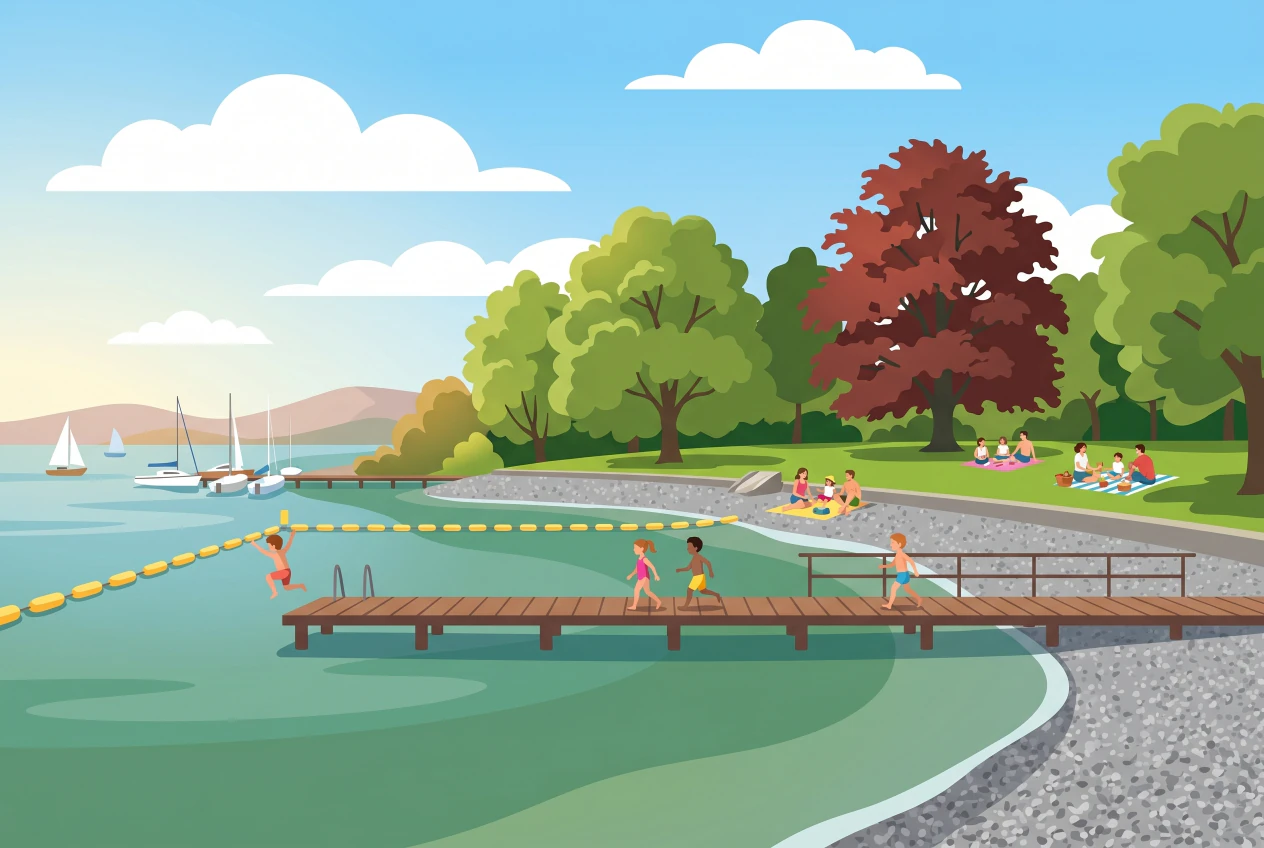 Illustration plate de la plage de Port-Choiseul à Versoix : plage de galets au bord du lac Léman, ponton de baignade, parc arborisé et enfants qui jouent