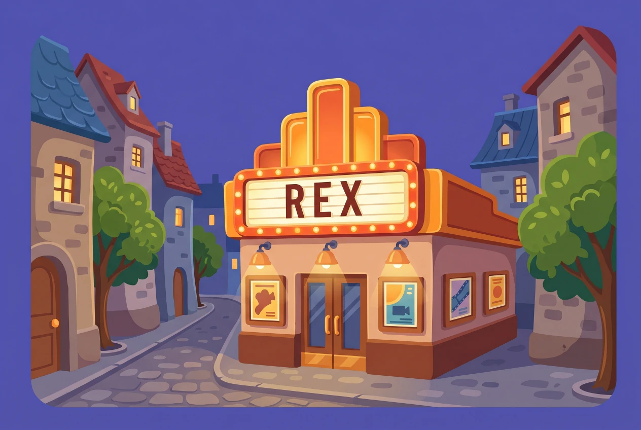 Illustration de la façade du cinéma Rex à Aubonne, enseigne lumineuse dans une ruelle pavée de la vieille ville au crépuscule