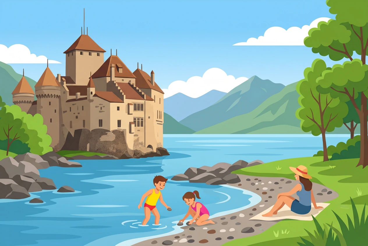 Illustration de la plage de Chillon à Veytaux : crique de galets au pied du Château de Chillon, avec des enfants qui se baignent dans le lac Léman et les Alpes en arrière-plan