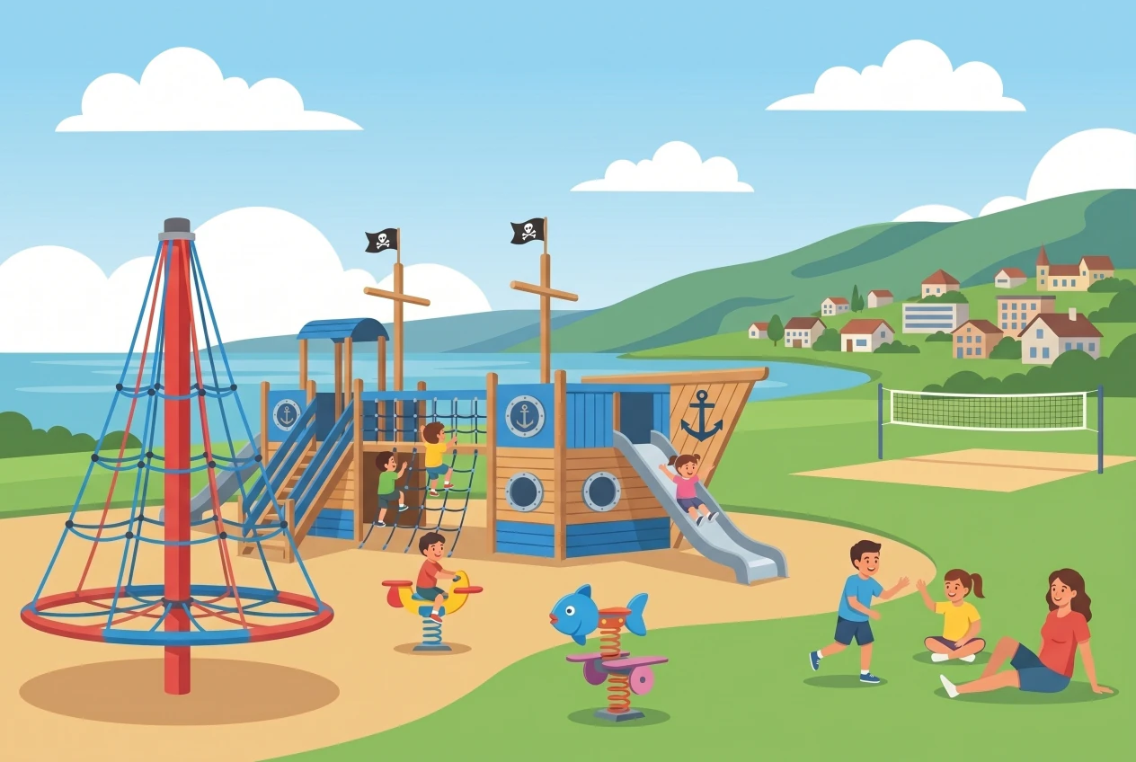 Illustration de la place de jeux Maurice Moeckli à La Neuveville, bateau-pirates au bord du lac de Bienne