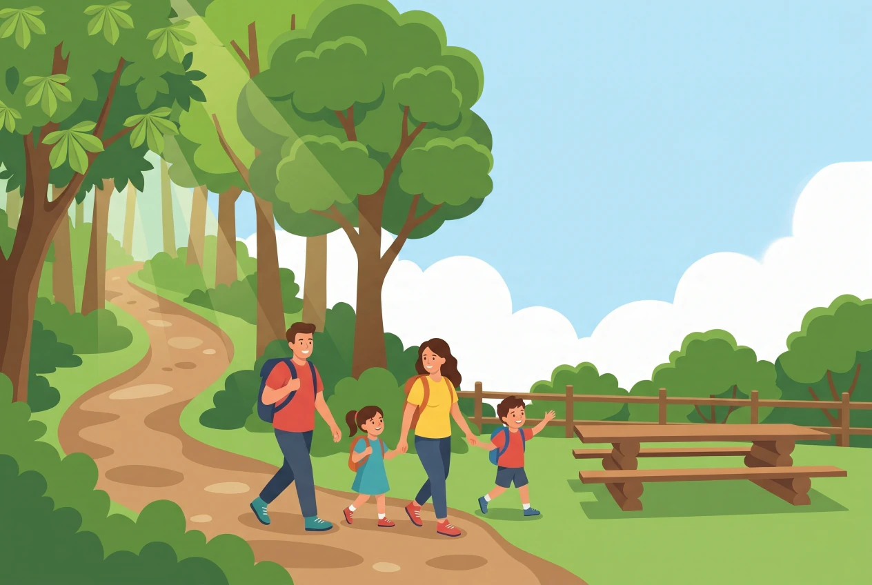 Illustration du Sentier des Châtaignes au-dessus de Bursins : sentier forestier montant sous les châtaigniers et aire de pique-nique avec table en bois, une famille en balade.