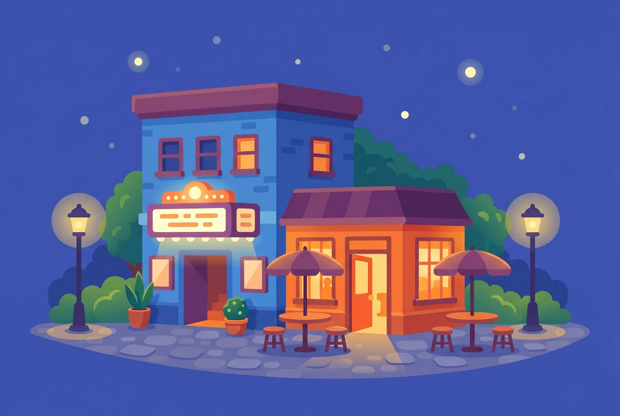 Illustration du petit cinéma Zinéma à Lausanne et de son café-bar éclairé, terrasse et lampadaires, ambiance nocturne intime