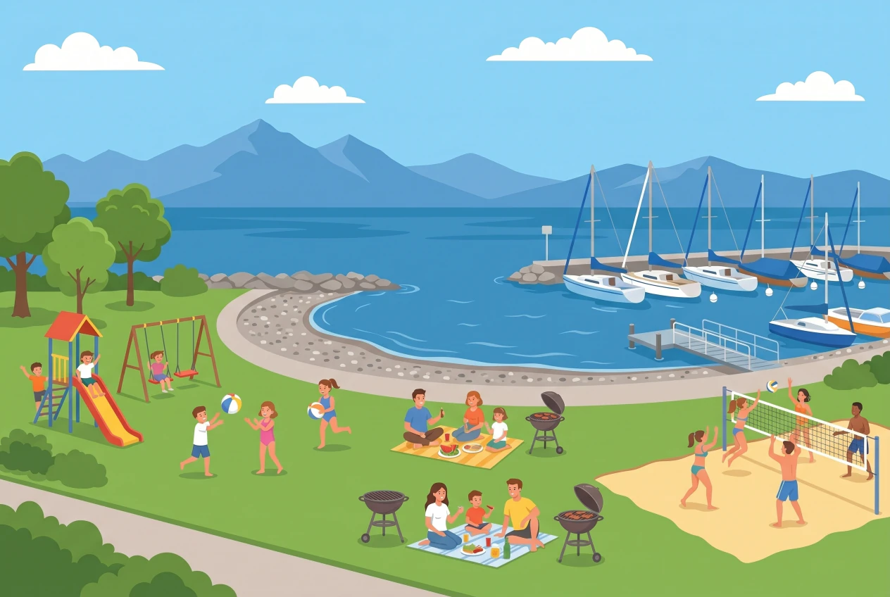 Illustration de la plage de Crans-près-Céligny au bord du Léman, galets, pelouse et place de jeux