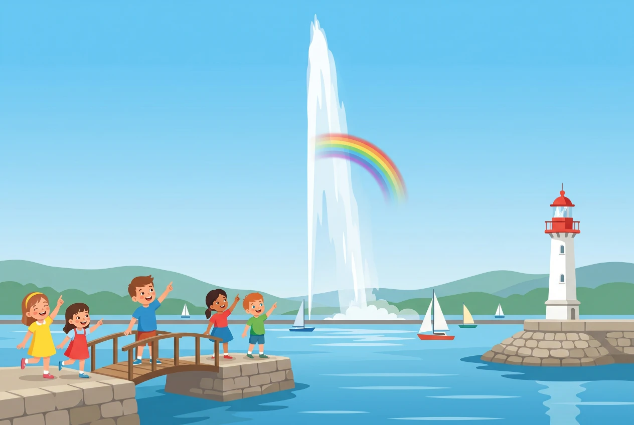 Illustration plate du Jet d'Eau de Genève: le grand panache d'eau jaillit du lac Léman sous un ciel bleu, avec le phare des Pâquis, des voiliers et des enfants joyeux observant un arc-en-ciel depuis les quais.