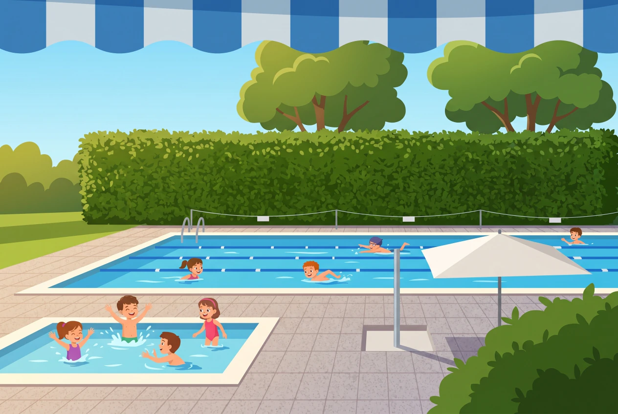 Illustration de la piscine de plein air du Complexe Sportif de Maisonnex à Meyrin, avec grand bassin, pataugeoire et enfants qui se baignent