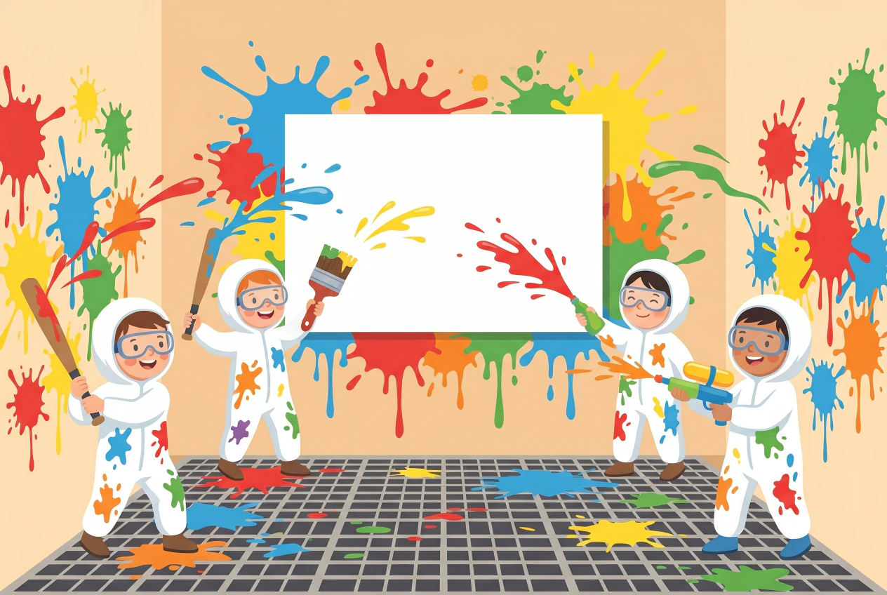 Illustration plate du ColoRoom à Genève: salle de peinture aux murs éclaboursés de couleurs, enfants en combinaisons blanches devant une grande toile blanche, pinceaux et outils dégoulinants de peinture