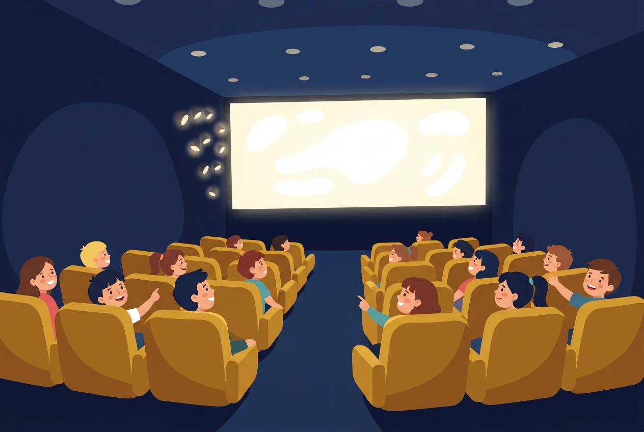 Illustration de la salle du cinéma Cinélux à Genève: salle intime aux murs bleu nuit, grand écran lumineux et rangées de fauteuils en velours ocre, avec des enfants qui regardent un film