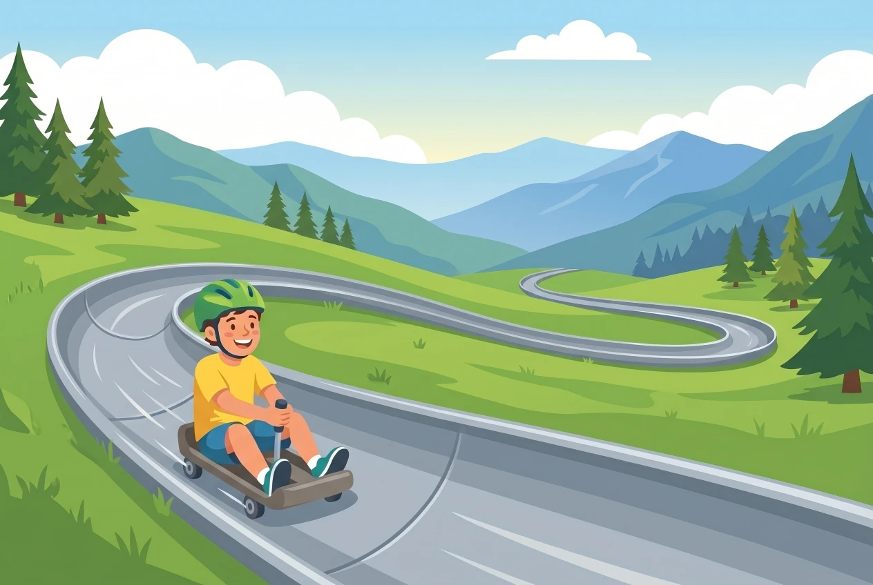 Illustration du toboggan géant de la Vue-des-Alpes : un enfant souriant dévale en luge sur roulettes la longue piste métallique sinueuse à travers une prairie d'alpage, avec un panorama de montagnes du Jura neuchâtelois.