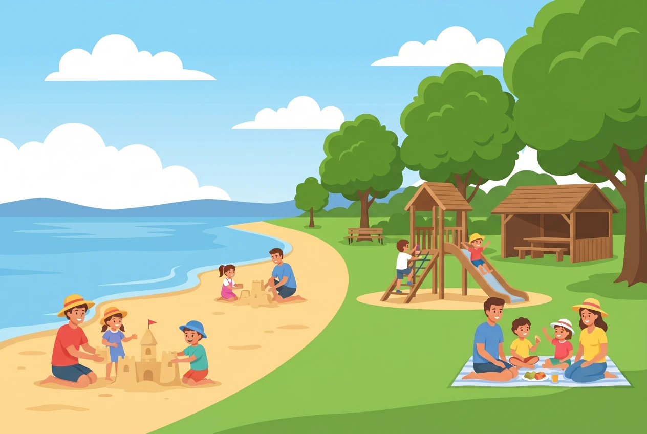 Illustration de la plage de La Ramée à Marin, plage de sable et pelouses au bord du lac de Neuchâtel