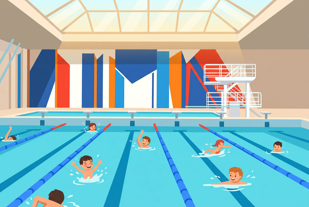 Illustration plate de la piscine intérieure de Varembé à Genève : grand bassin de natation avec lignes d'eau, fresque géométrique colorée au mur, plongeoirs blancs et enfants joyeux qui nagent