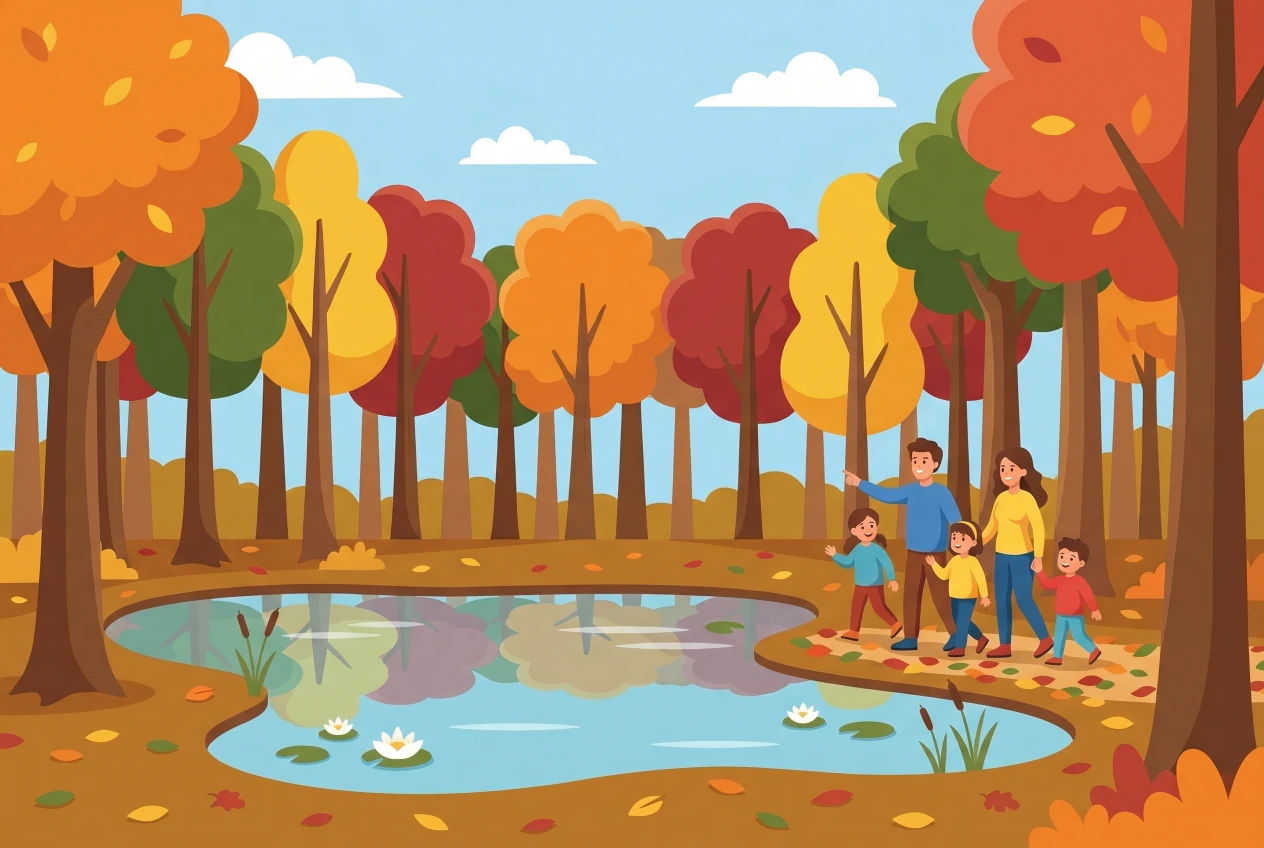 Illustration de la Réserve naturelle du Bois de Chênes à Genolier : chênaie aux couleurs d'automne et étang où se reflètent les arbres, une famille s'y promène.