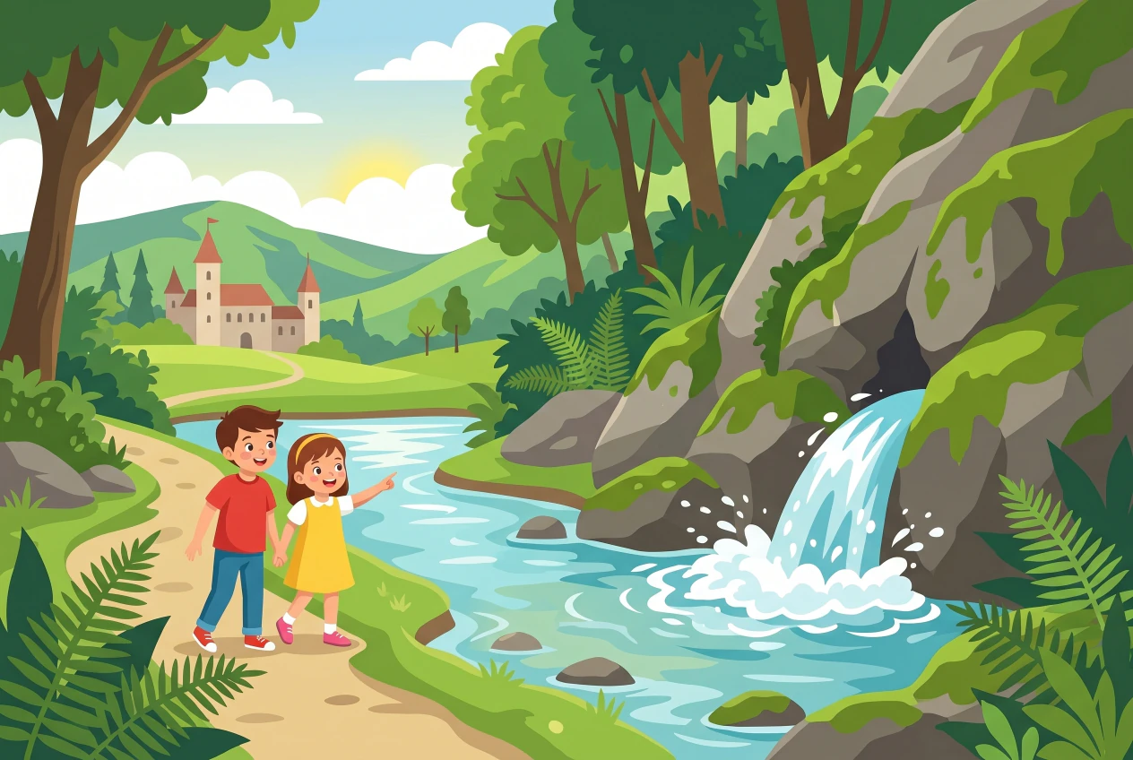 Illustration plate de Sources de la Venoge a L'Isle, enfants observant l'eau jaillir de la roche