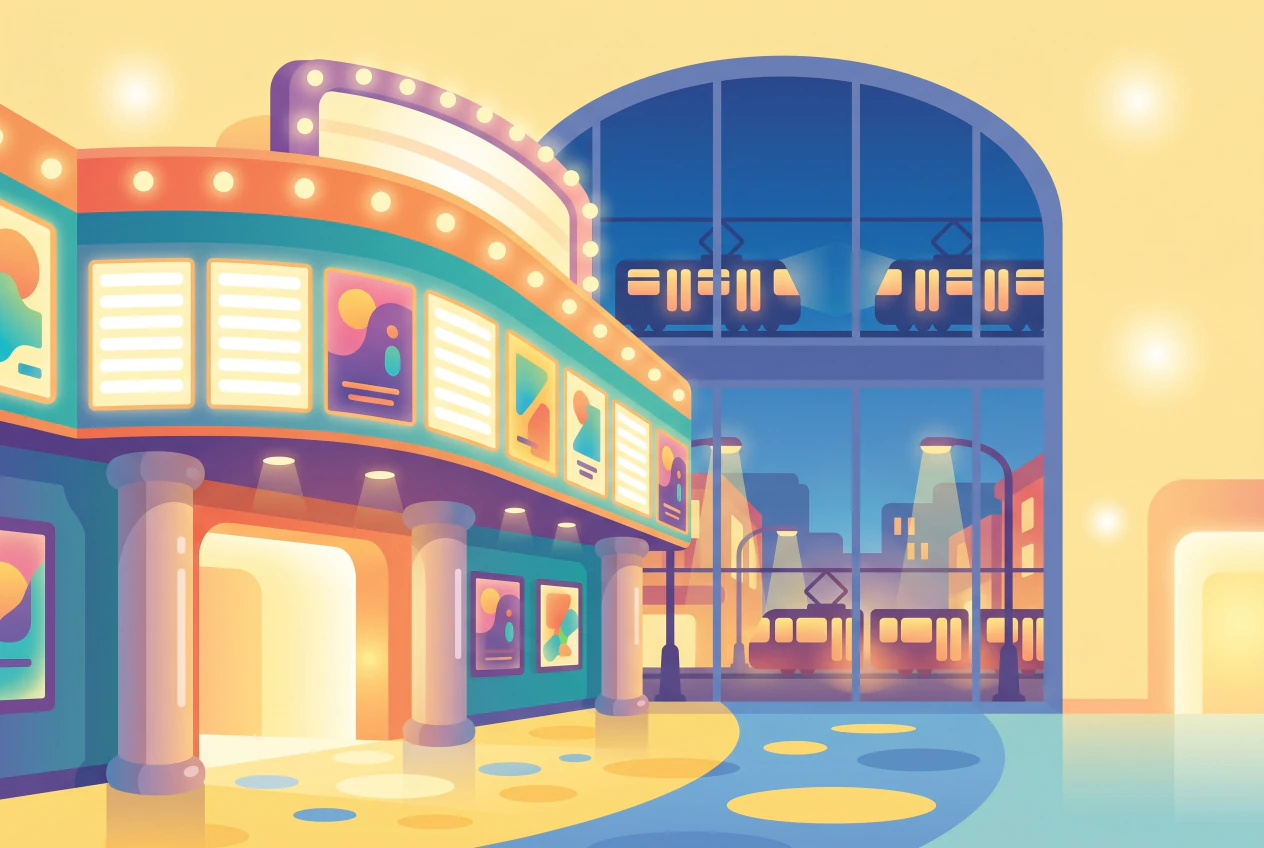 Illustration de l'entrée du multiplexe Cinétoile à Prilly, panneaux d'affiches lumineux et tramways visibles à travers la verrière