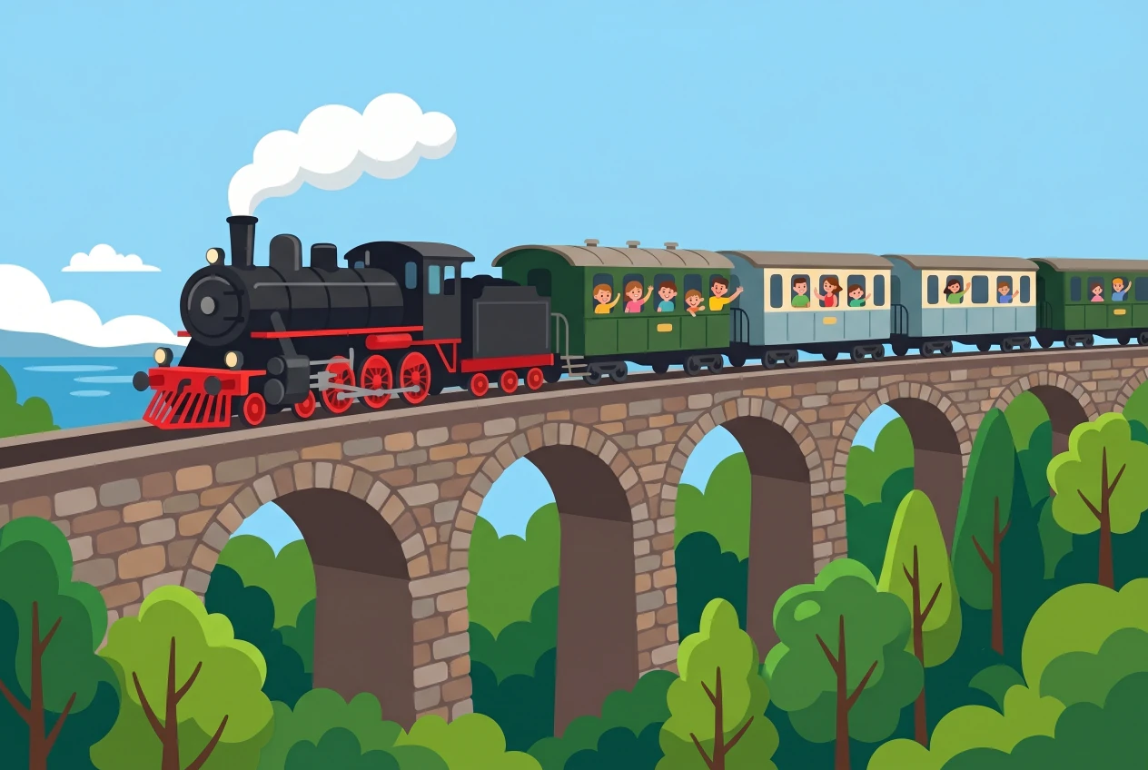 Illustration plate d'un train à vapeur du Chemin de fer-musée Blonay-Chamby, locomotive noire à roues rouges et fumée, tirant des wagons anciens sur un viaduc en pierre au-dessus de la forêt