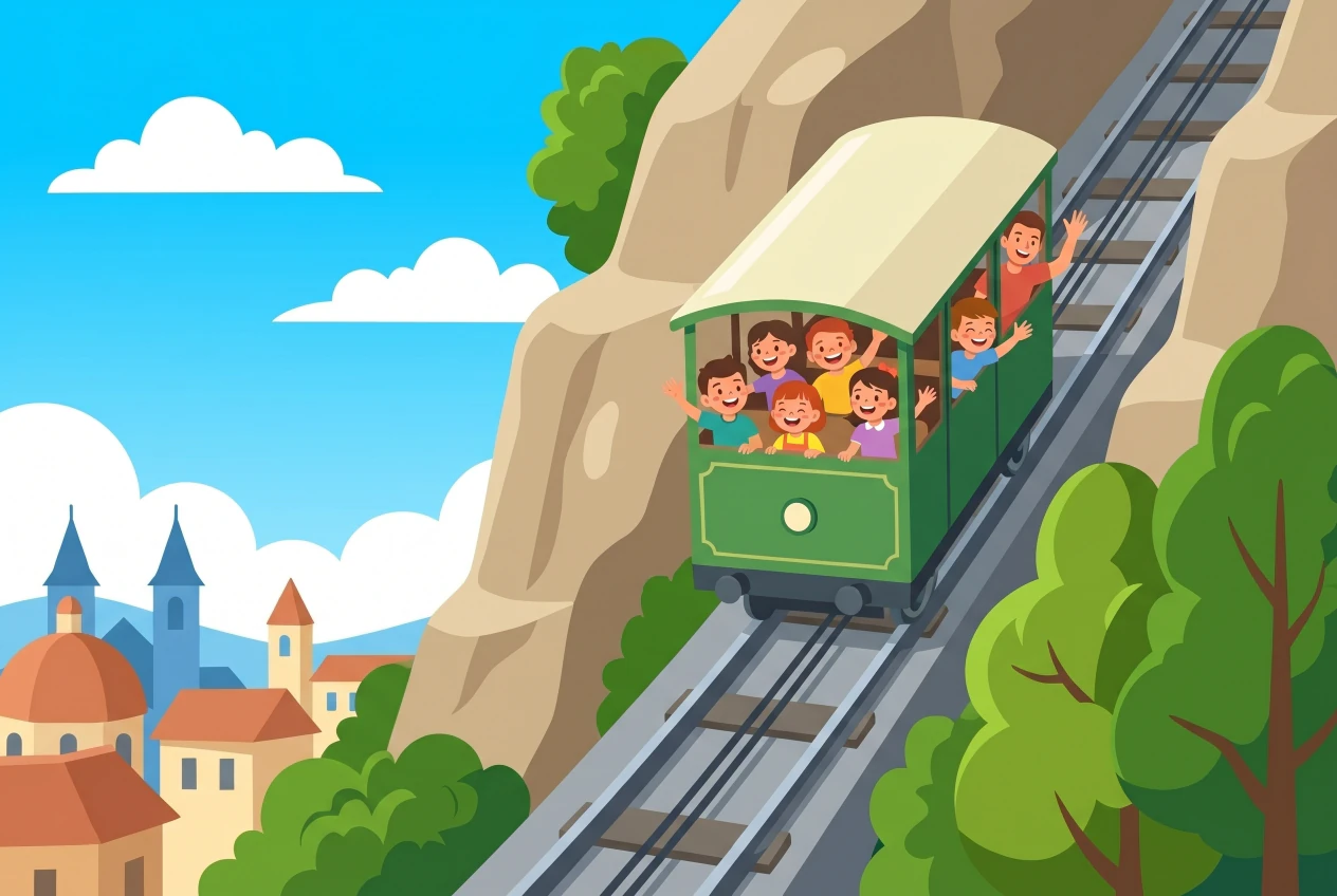 Illustration plate du funiculaire historique de Fribourg : cabine verte et crème sur rails en forte pente le long de la falaise de molasse, toits et clochers de la vieille ville, enfants qui saluent