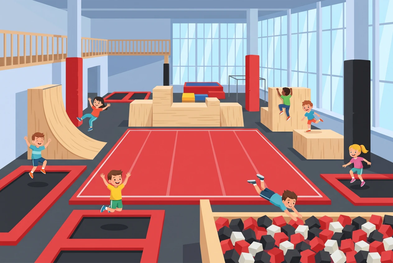 Illustration plate du Gravity Park de Meyrin : grand hall couvert avec tapis de gym rouge, blocs de parkour en bois clair, rampe courbe, trampolines à bordure rouge, fosse à mousse remplie de cubes rouges et noirs, et enfants qui sautent et grimpent