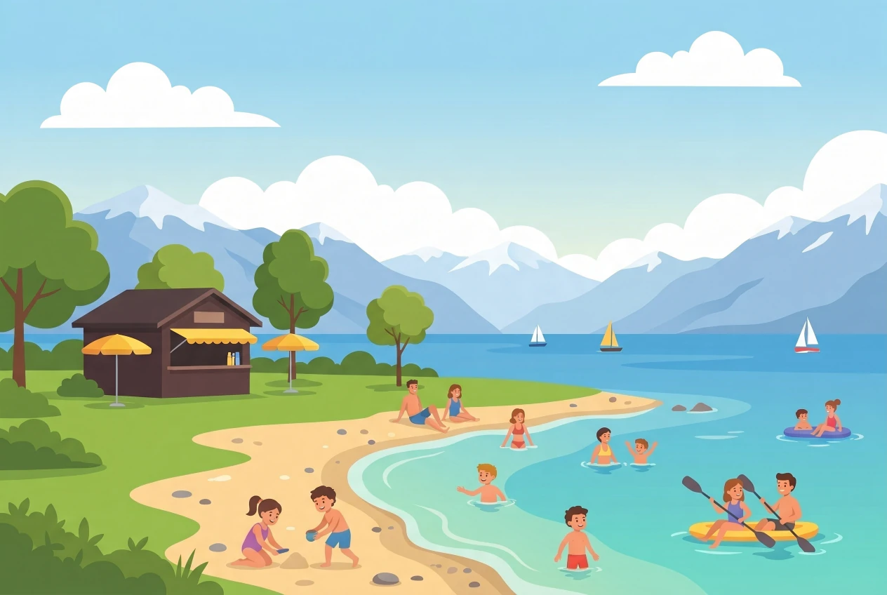 Illustration de la plage de Mies au bord du lac Léman : rive gazonnée et sableuse, buvette de plage, familles qui se baignent et enfants qui jouent, voiliers sur le lac et montagnes enneigées au loin.