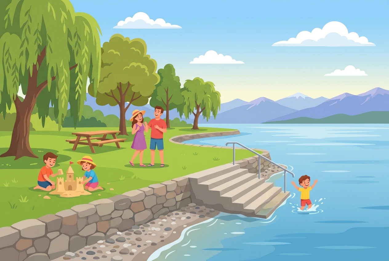 Illustration de la plage de Monruz à Neuchâtel, pelouses au bord du lac