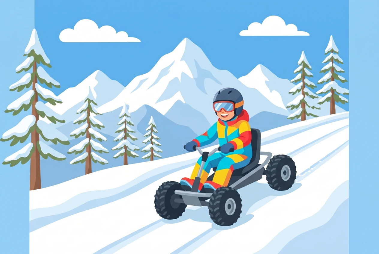 Illustration : un enfant casqué dévale une piste enneigée en snow mountain cart devant les sommets du Val d'Anniviers, à Bendolla (Grimentz)