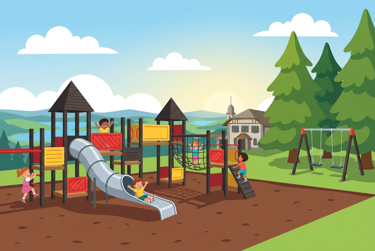 Illustration of the playground in Chaumont overlooking Neuchâtel: large wooden structure with a tube slide, swings under the fir trees, and the funicular station in the background, with a view of the Three Lakes.