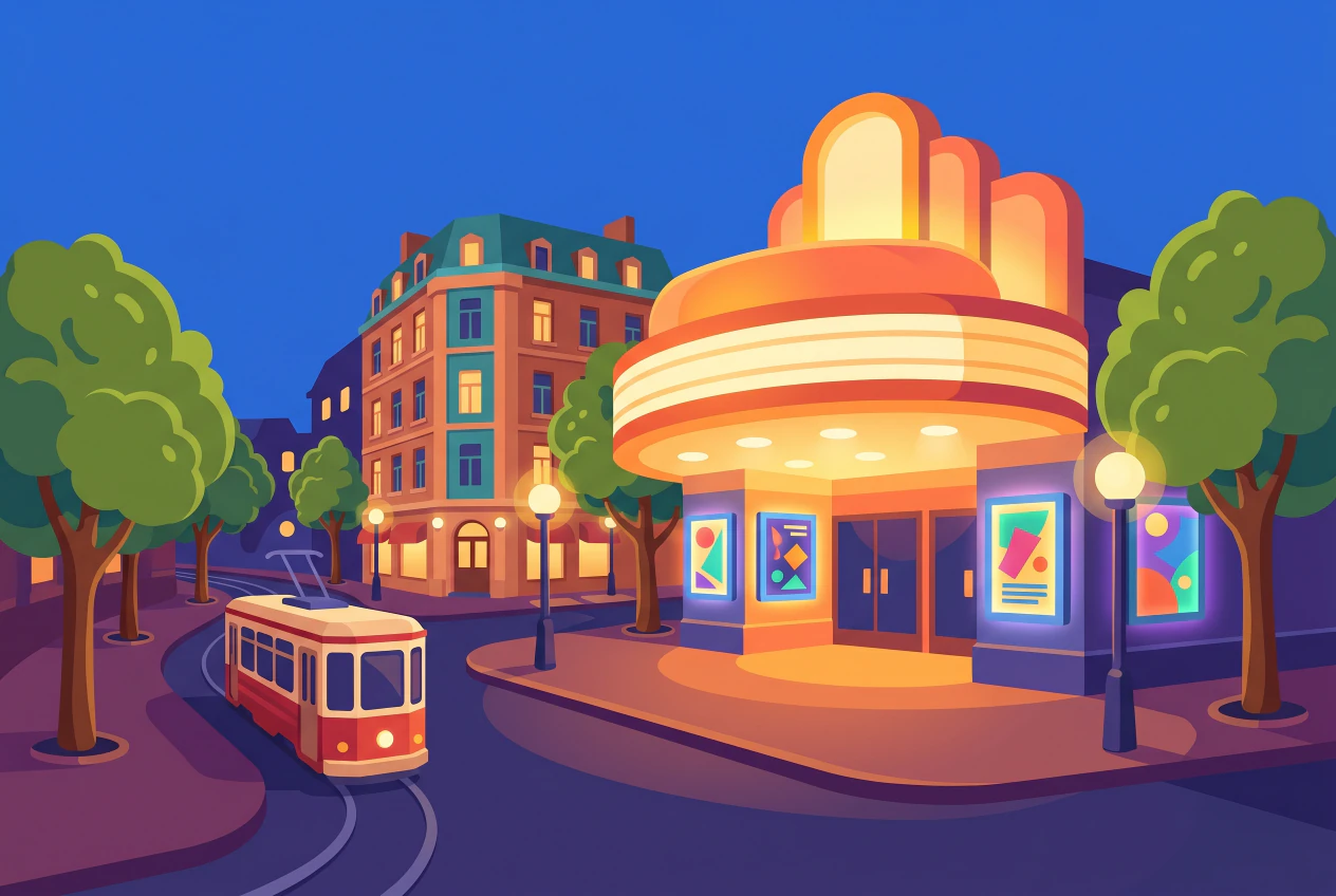 Illustration de la facade des Cinemas du Grutli a Geneve, panneaux d affiches lumineux et tram au crepuscule