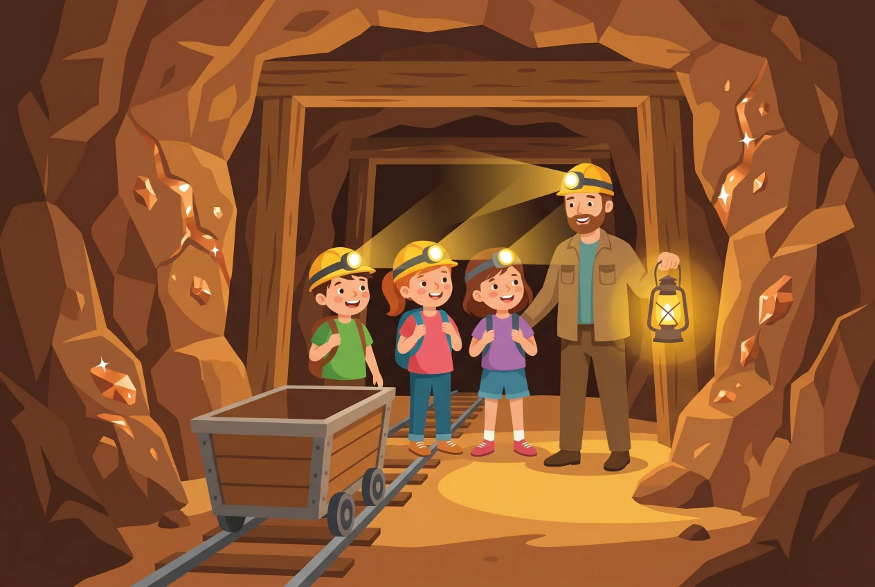 Illustration plate de mine de cuivre de la Lee, enfants explorant une galerie avec lampe frontale et un guide