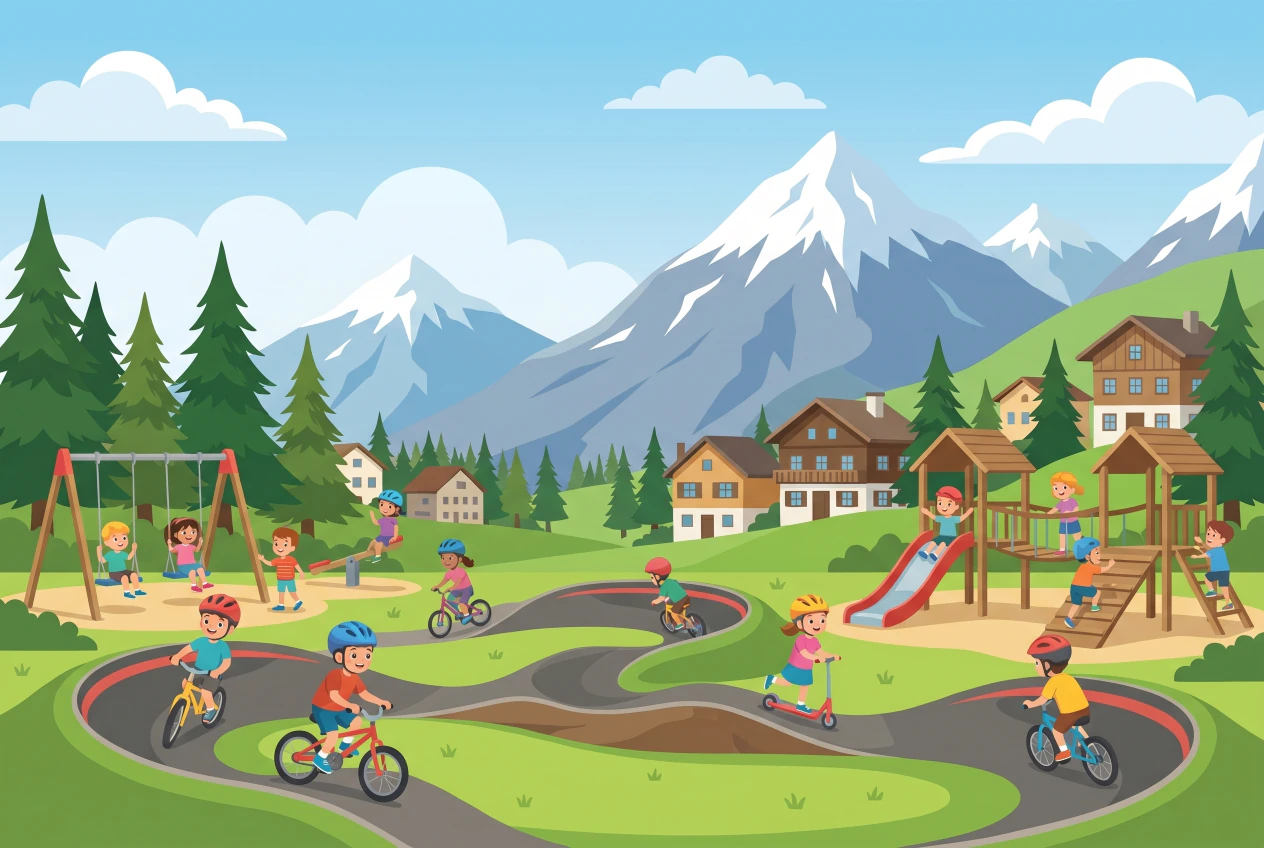 Illustration plate de la place de jeux et du pumptrack d'Anzere, enfants jouant et roulant en plein air