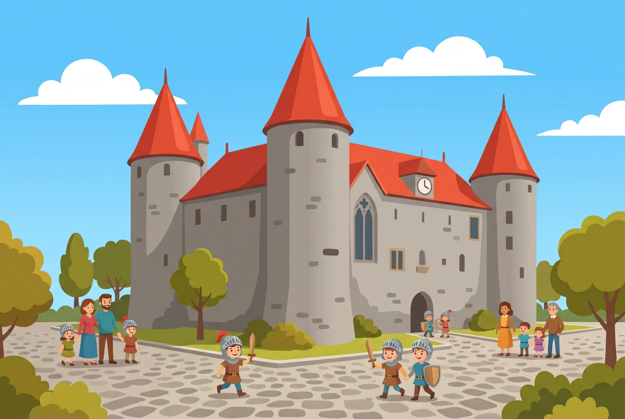 Illustration du château savoyard d'Yverdon-les-Bains avec ses quatre tours rondes aux toits rouges pointus sur la Place Pestalozzi, des enfants déguisés en chevaliers et des familles