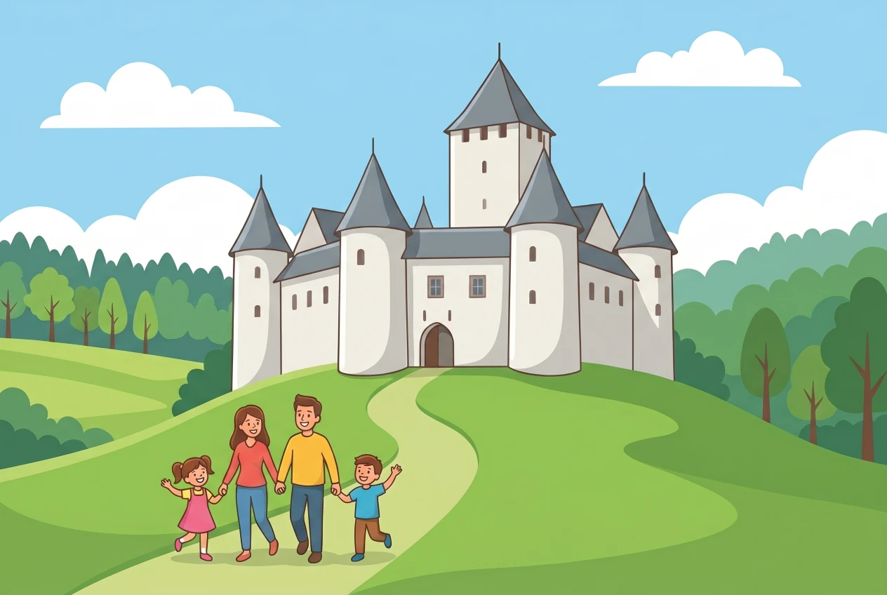 Illustration du château d'Oron, château médiéval aux tours rondes sur une colline verdoyante du Jorat, avec une famille qui monte le visiter