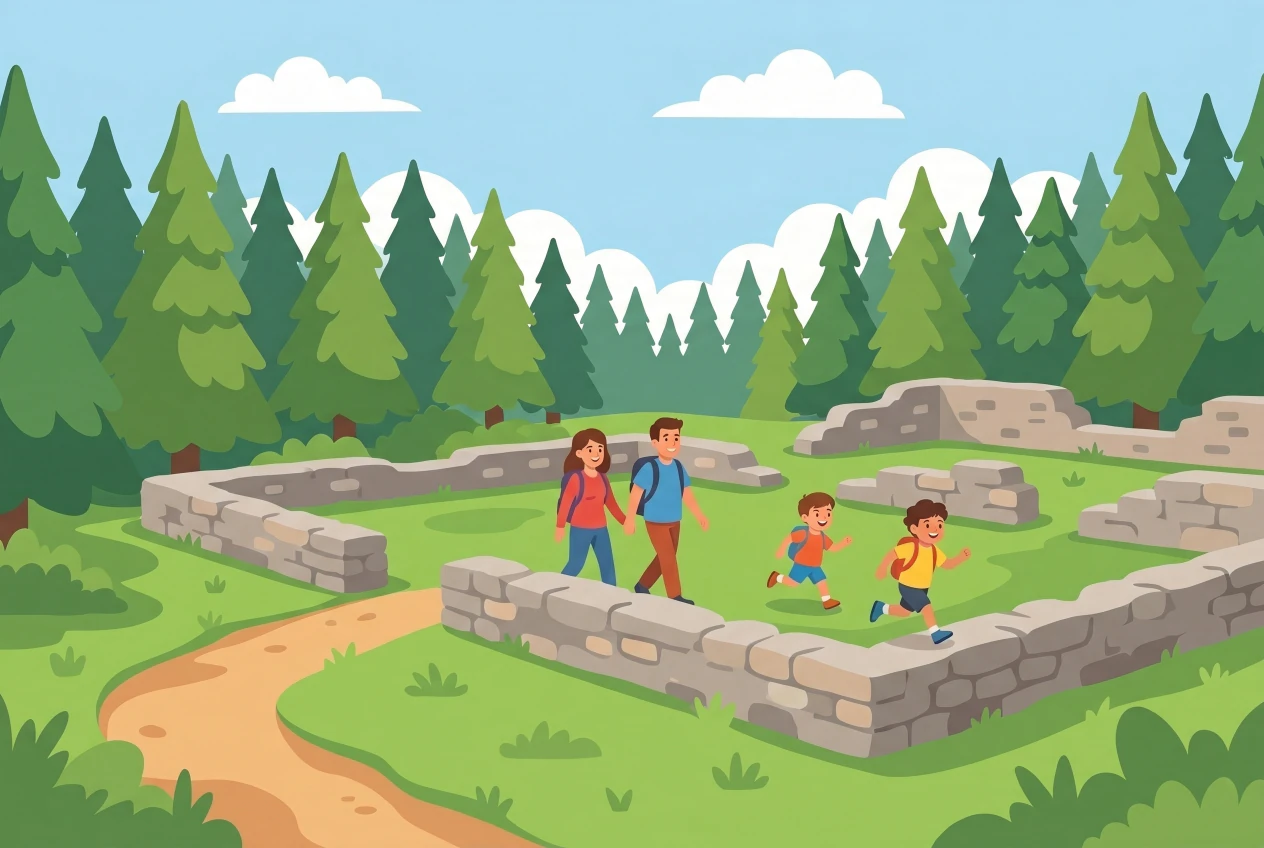 Illustration des ruines de la Chartreuse d'Oujon au-dessus d'Arzier : murs de pierres sèches du monastère médiéval dans une clairière forestière, avec une famille qui explore