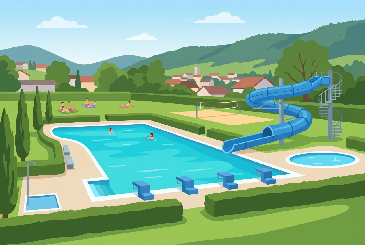 Illustration de la piscine de plein air de Moutier, grand bassin et toboggan