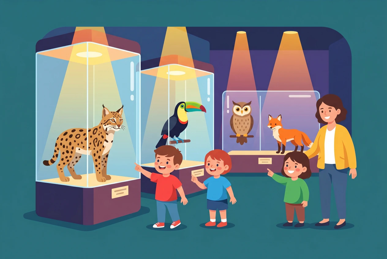 Illustration plate du Musée d'histoire naturelle de Fribourg : vitrines éclairées avec animaux naturalisés (lynx, toucan, hibou, renard) et enfants curieux qui observent