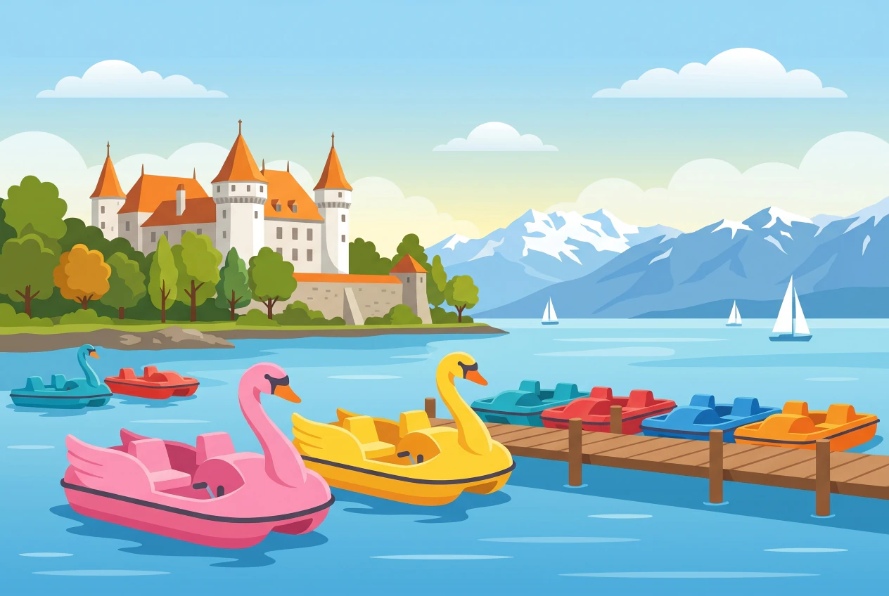 Illustration de pédalos colorés sur le Léman à Nyon, avec le Château de Nyon et les Alpes