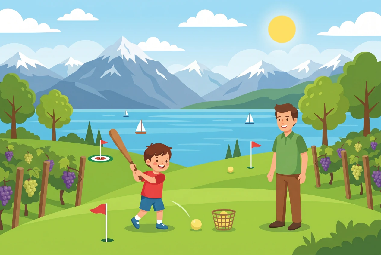 Illustration plate de swin-golf de Lavigny, un enfant jouant avec un club et une vue sur le Leman