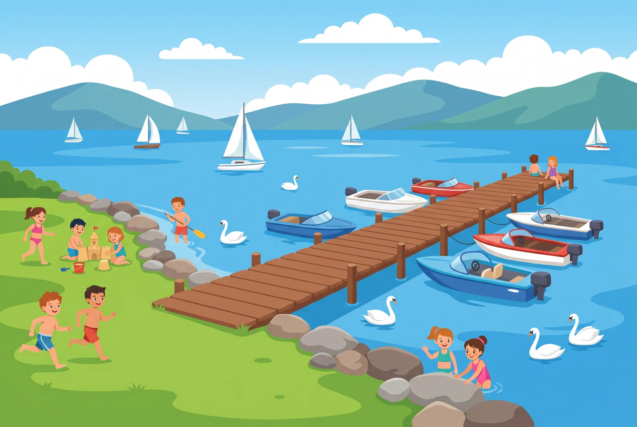 Illustration plate de la plage de la Belotte a Cologny au bord du lac Leman.