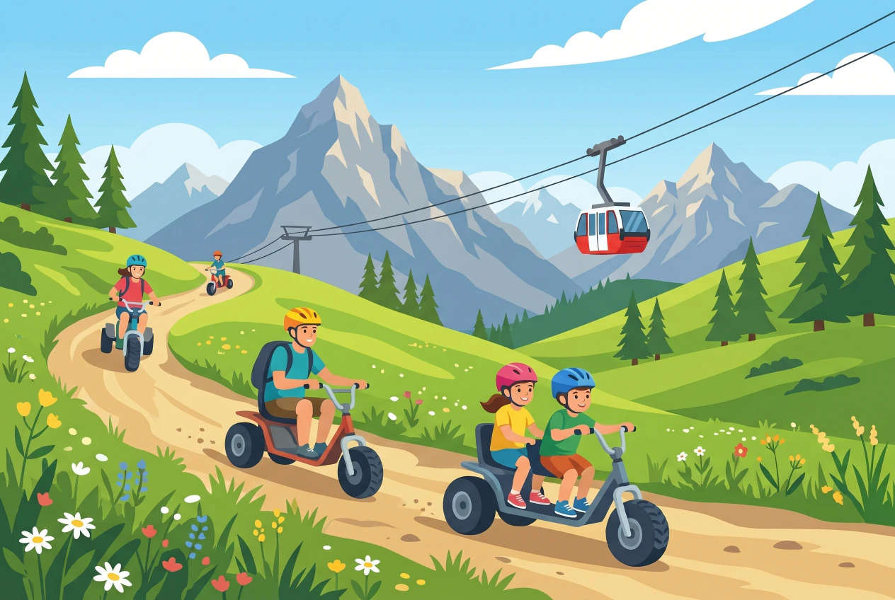 Illustration plate de la trottinette tout-terrain de Vercorin, enfants en descente avec casques au-dessus de la vallee