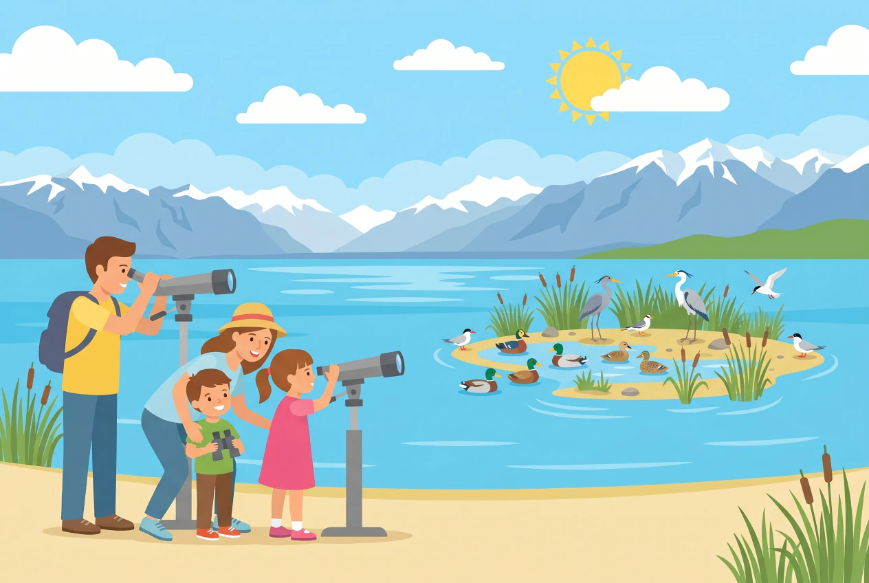 Illustration plate de l'ile aux oiseaux de Preverenges, enfants observant des oiseaux a la longue-vue au bord du lac