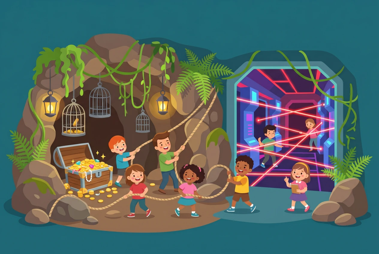 Illustration de FunHouse Escape Games à Granges-Paccot : décor d'aventure à la Fort Boyard avec caverne au trésor, cordes à tirer, coffre rempli d'or, cages suspendues et couloir laser, où des enfants relèvent des défis en équipe