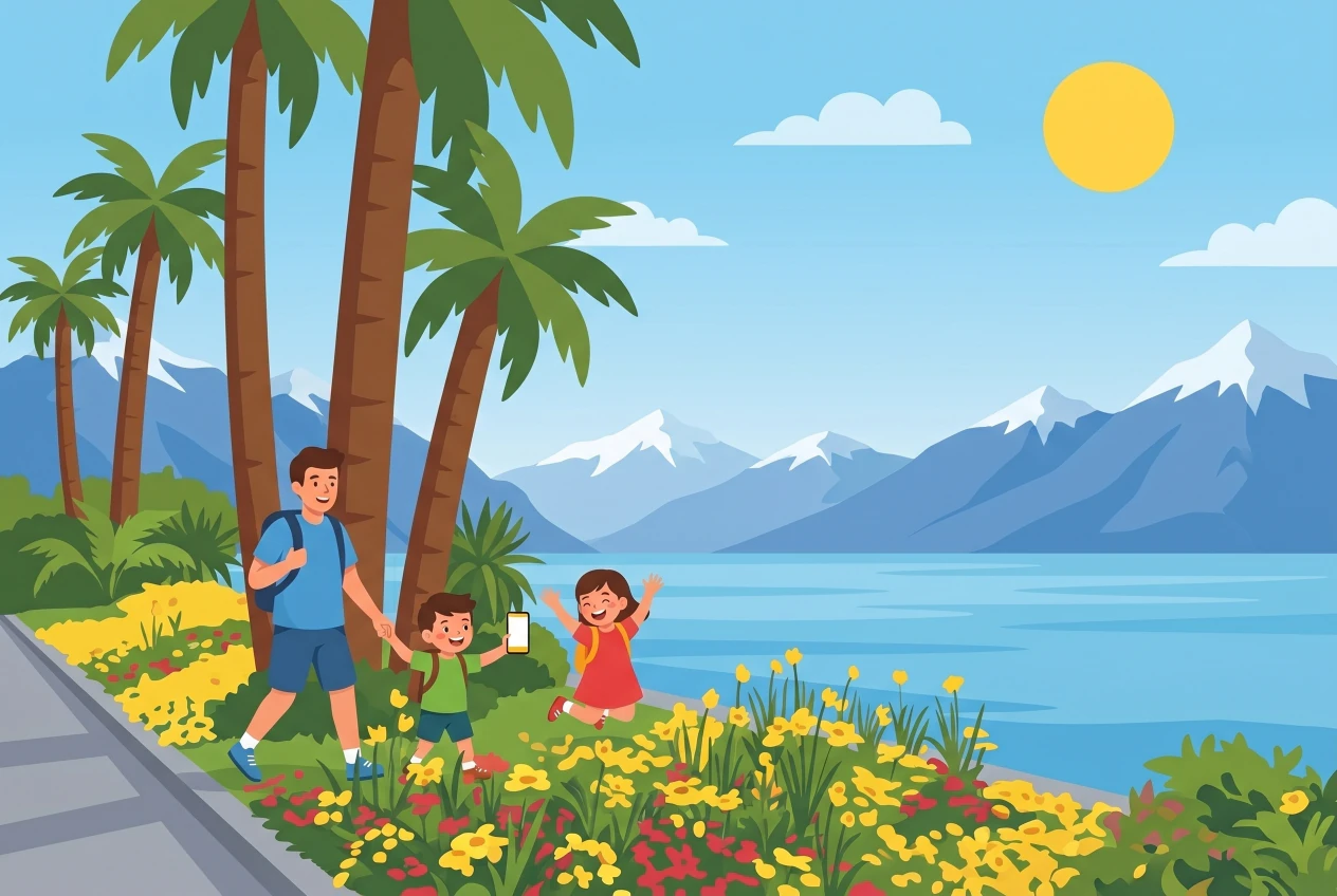 Illustration d'Explorial Montreux : une famille fait un jeu de piste sur smartphone le long des quais fleuris de Montreux, bordés de palmiers, avec le lac Léman et les Alpes en arrière-plan