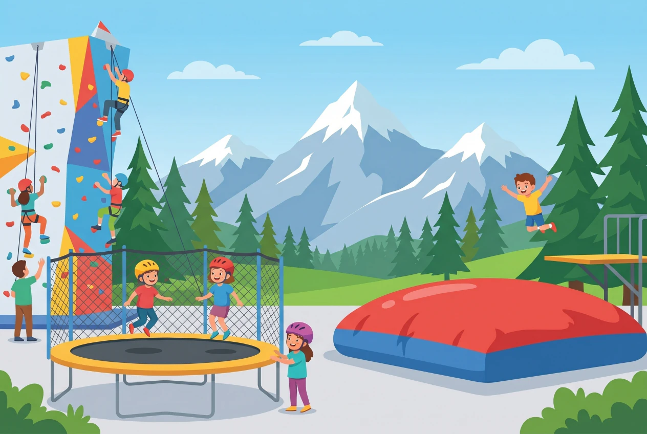 Illustration plate du Family Fun Park d'Anzere, enfants au trampoline et mur d'escalade sur la place du village