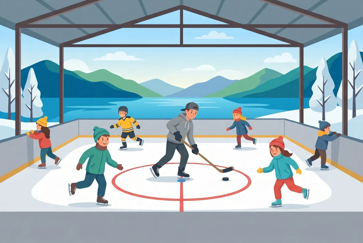 Illustration of the covered ice rink in Rive, Nyon: children are skating and playing hockey on the ice, with the lake and mountains in the background.