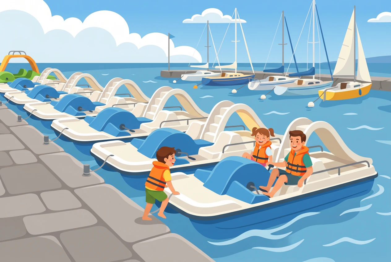 Illustration plate de pedalos bleu et blanc amarres au quai du Vieux-Port de Versoix sur le lac Leman, avec des enfants et un parent en gilet de sauvetage qui embarquent, et des voiliers en arriere-plan